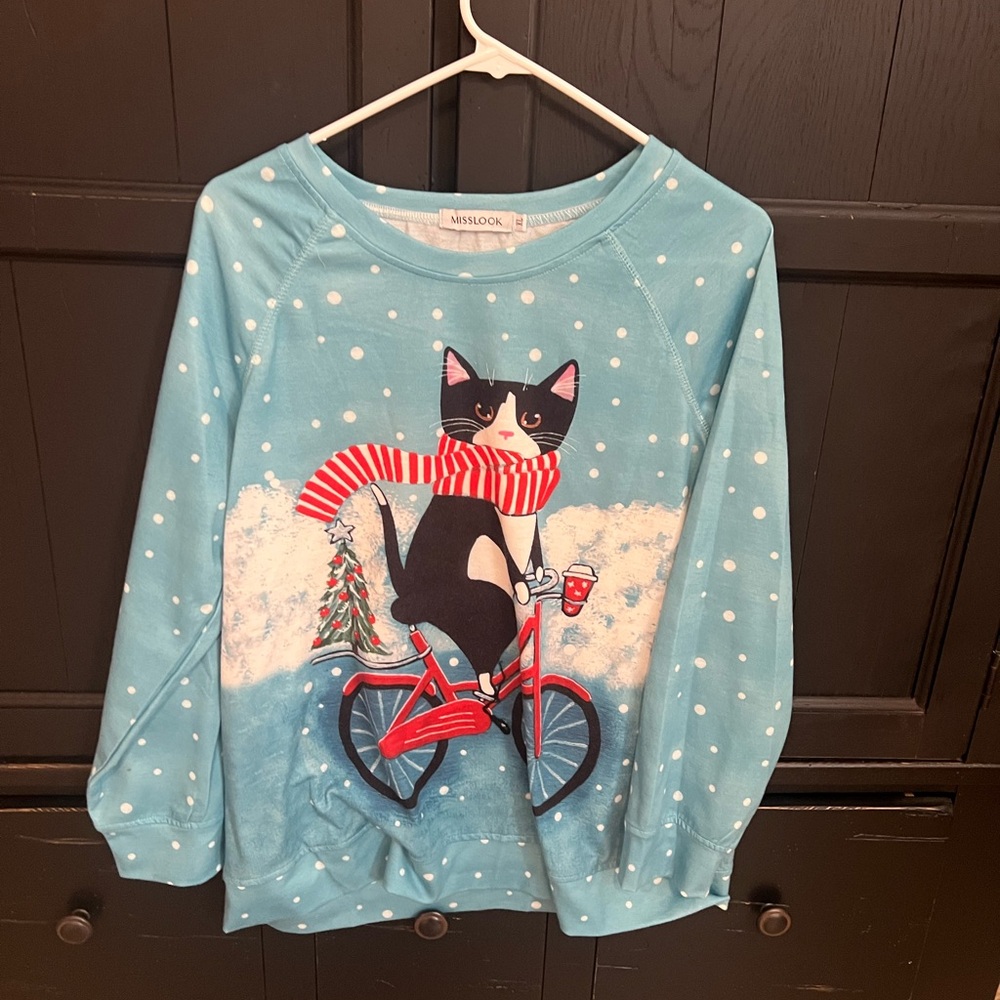MISSLOOK Teal Cat on Bicycle Christmas top